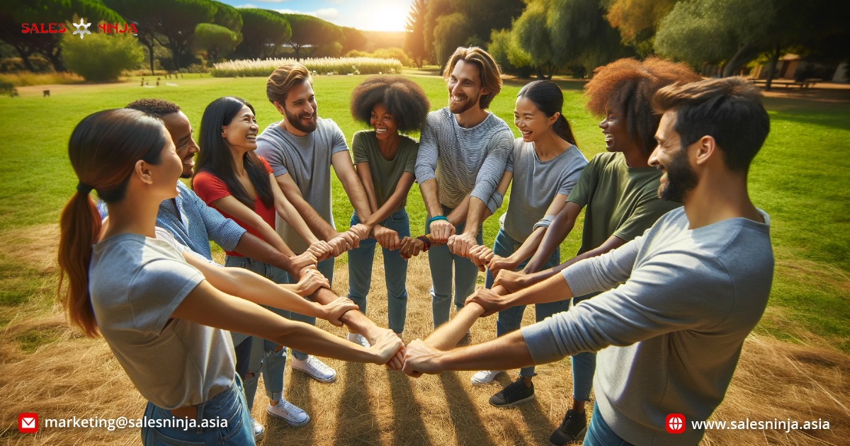 Team building, Team Work, Team building activities, Team standing in a circle and trying to untangle themselves, Team fun, Team bonding, Team members, Sales Ninja, Sales Ninja Training Malaysia, Best Sales Training, www.salesninja.asia